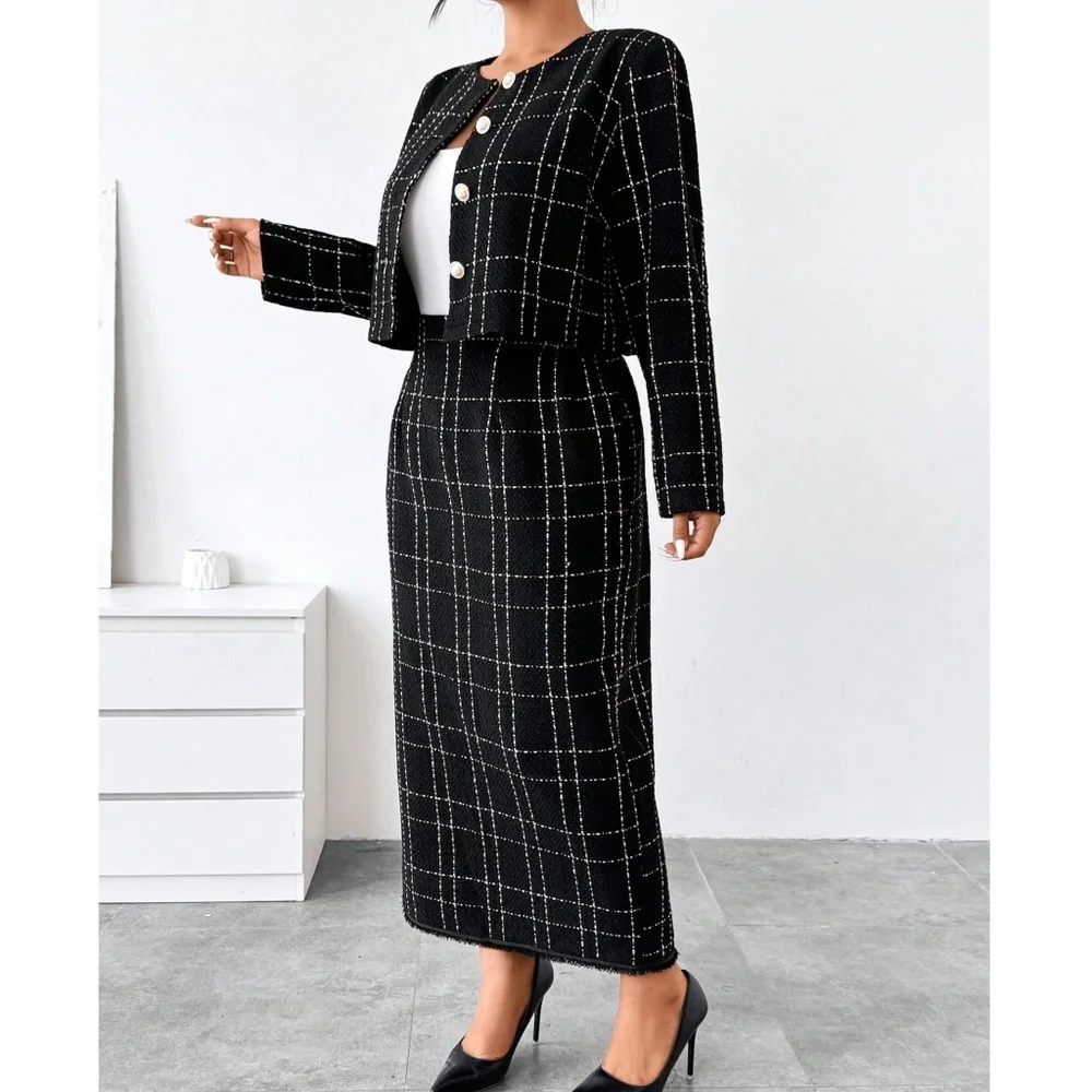 Plus Classic Plaid Print Tweed Blazer Maxi Skirt Set - Picture 6 of 9